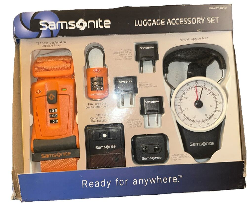 SAMSONITE Luggage Accessory Set Universal Plug Kit TSA Strap 2 Locks Weigh Scale